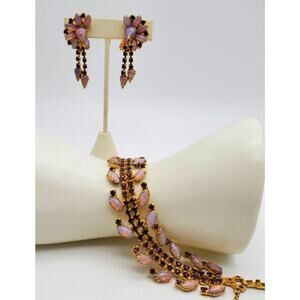 Faux Opal Purple Rhinestone Bracelet & Clip On Earrings Set Vintage 1950s 1960s